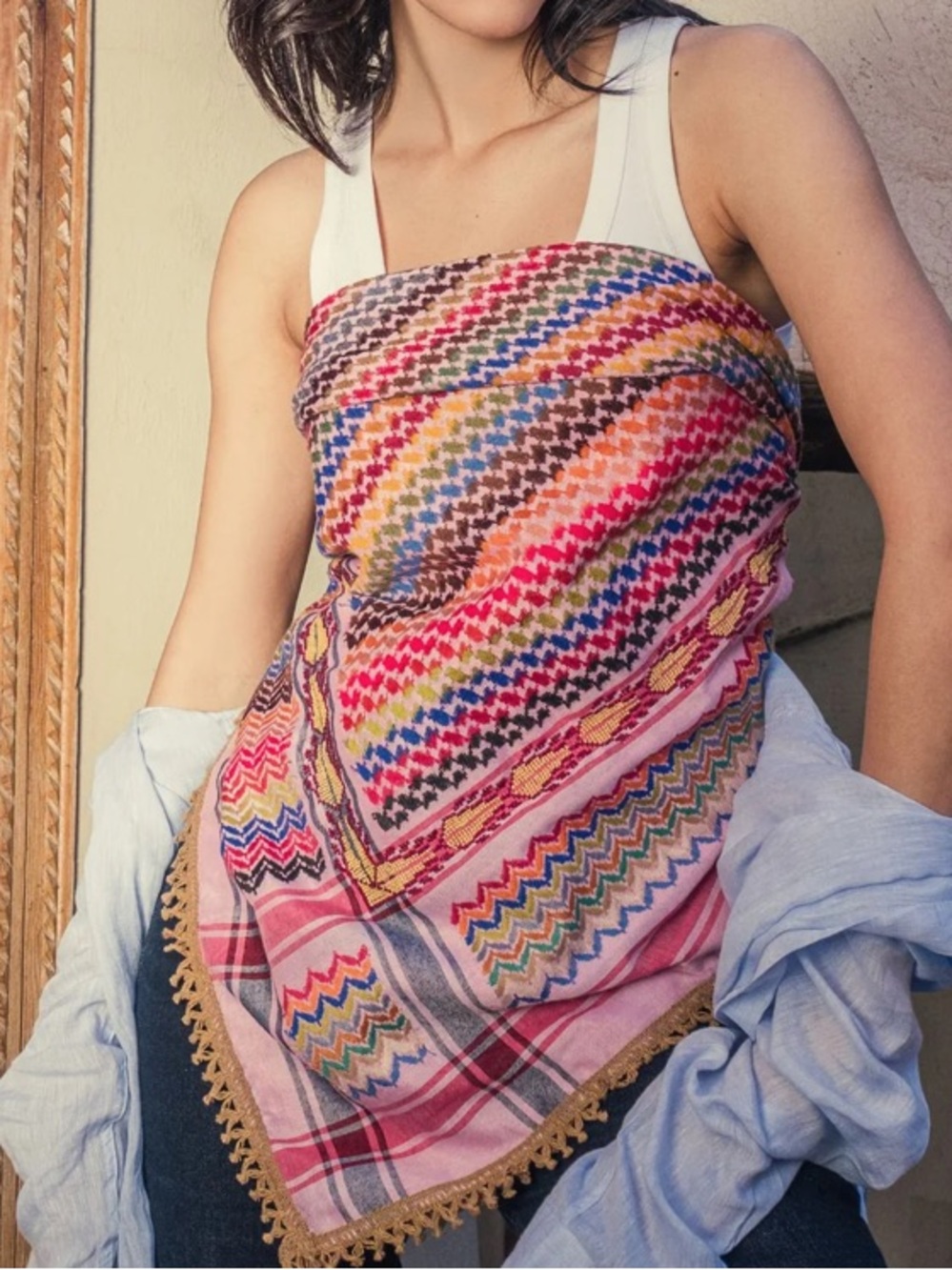 SEP The Brand Multicolor Keffiyeh Handmade Embroidered Scarf Tassels Fringe